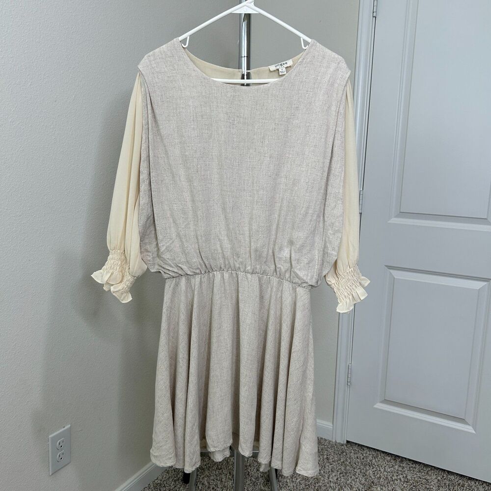 Umgee Linen Cotton Dress Beige Smocked Puff Sleeve Cottagecore Boho Small